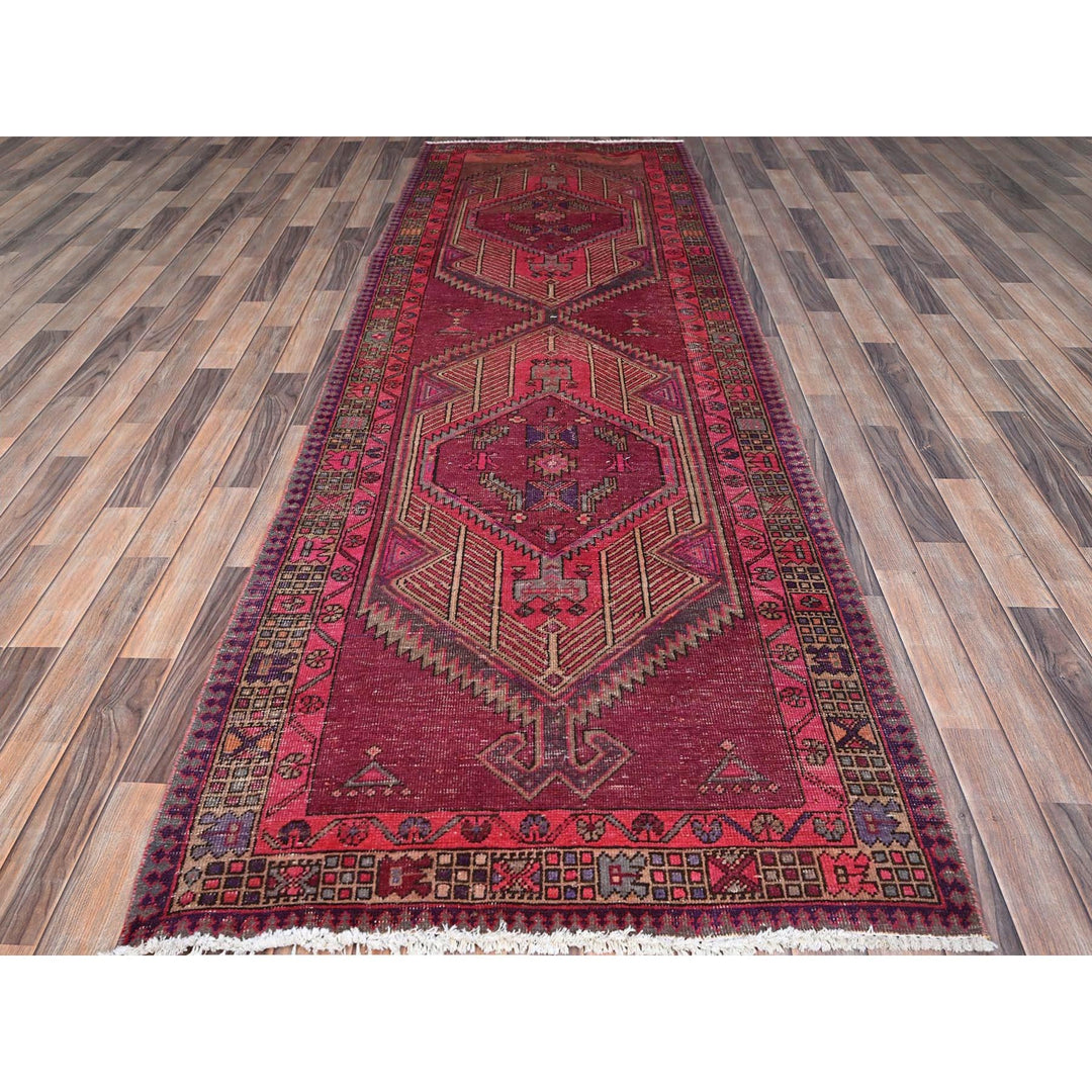 3'8" x 10'10" Vintage Hand Knotted Pink Wool Runner Oriental Rug - MOA10286660