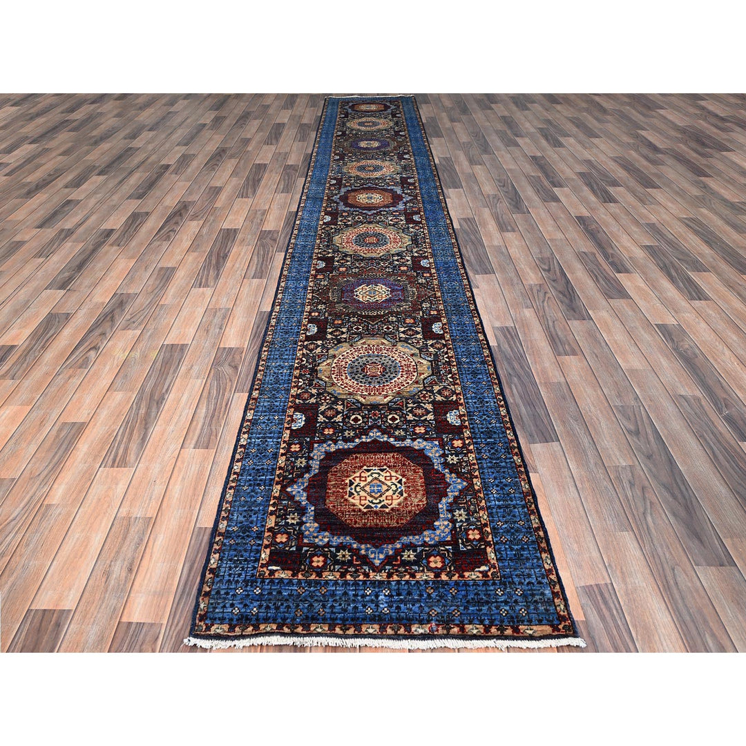 2'6" x 15'9" New Hand Knotted Blue Wool Runner Oriental Rug - MOA10286747