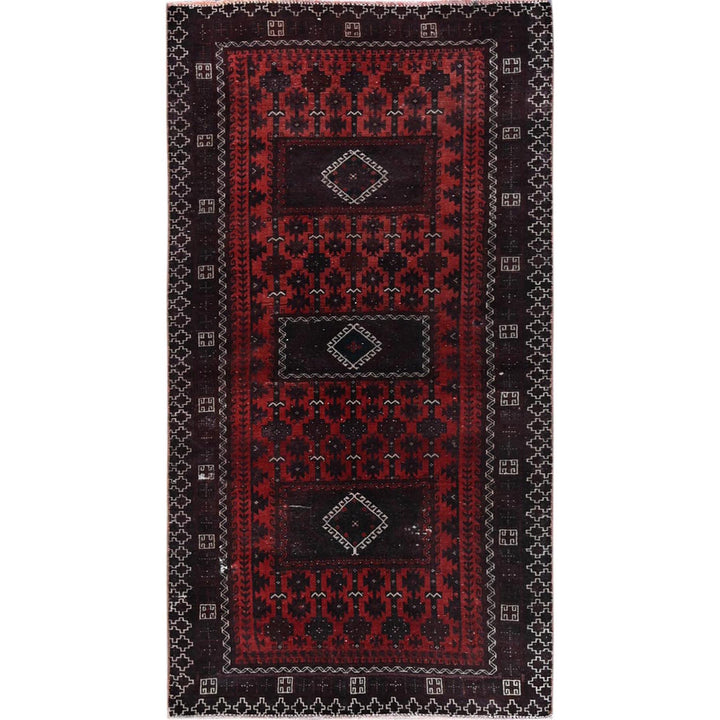 3'5" x 1'6" Vintage Hand Knotted Red Wool Runner Oriental Rug - MOA102867