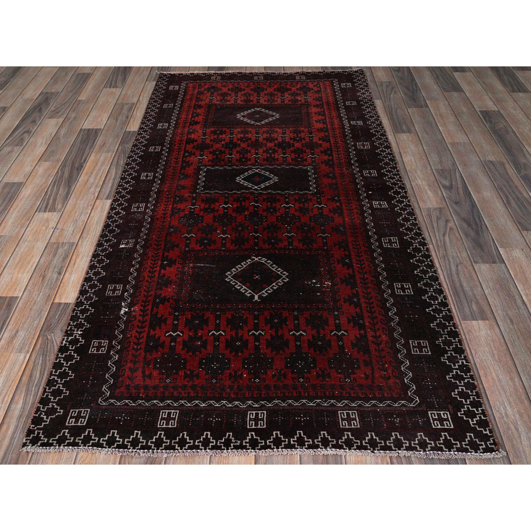 3'5" x 1'6" Vintage Hand Knotted Red Wool Runner Oriental Rug - MOA102867