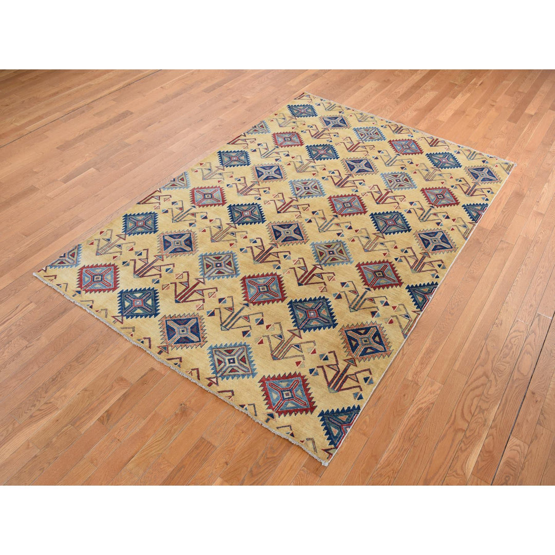 6'1" x 9'1" New Hand Knotted Yellow Cotton Rectangle Oriental Rug - MOA10287013