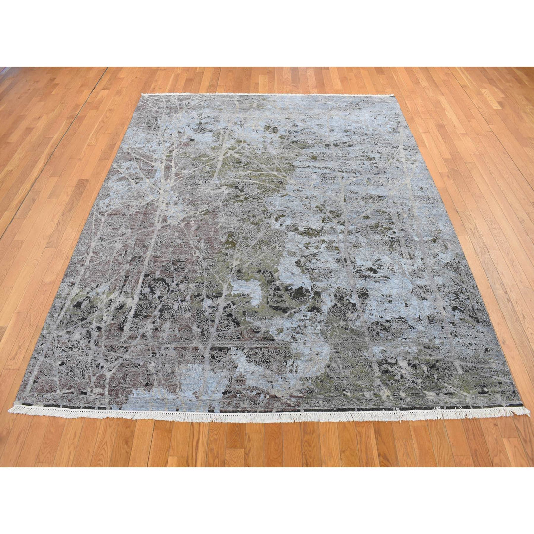 8'0" x 10'1" New Hand Knotted Grey Wool & Silk Rectangle Oriental Rug - MOA10287046