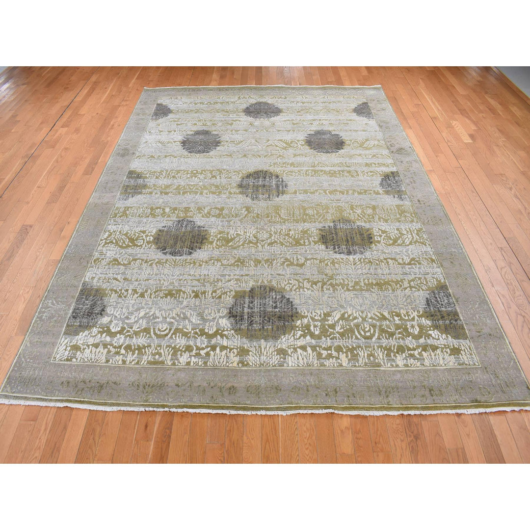 8'9" x 12'1" New Hand Knotted Green Wool & Silk Rectangle Oriental Rug - MOA10287071