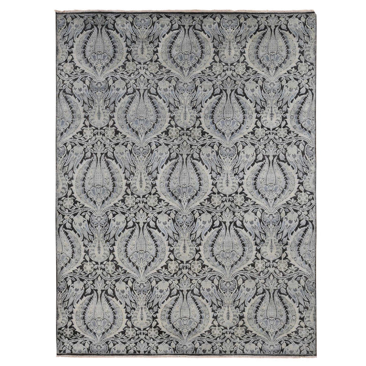 9'0" x 12'2" New Hand Knotted Grey Wool & Silk Rectangle Oriental Rug - MOA10287072