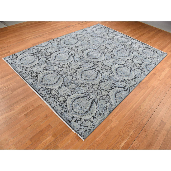 9'0" x 12'2" New Hand Knotted Grey Wool & Silk Rectangle Oriental Rug - MOA10287072