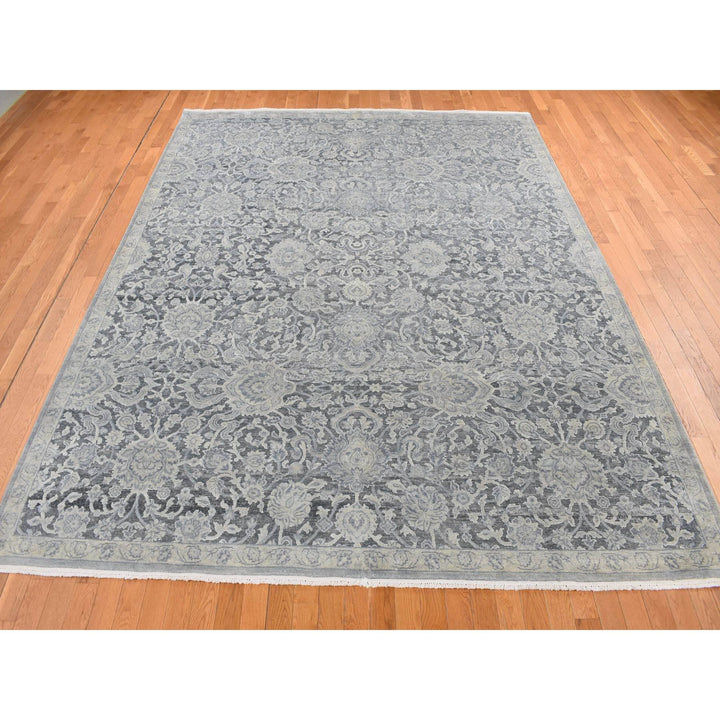 9'0" x 11'8" New Hand Knotted Grey Wool & Silk Rectangle Oriental Rug - MOA10287076