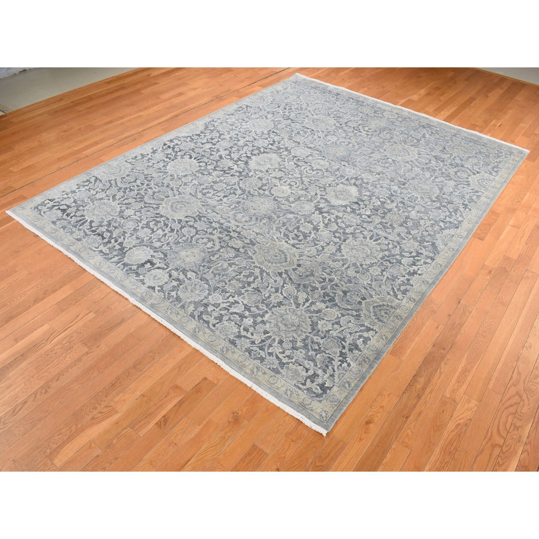 9'0" x 11'8" New Hand Knotted Grey Wool & Silk Rectangle Oriental Rug - MOA10287076