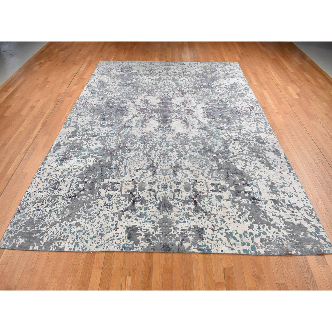 9'10" x 13'7" New Hand Knotted Grey Wool & Silk Rectangle Oriental Rug - MOA10287086