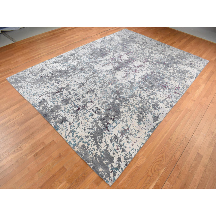 9'10" x 13'7" New Hand Knotted Grey Wool & Silk Rectangle Oriental Rug - MOA10287086