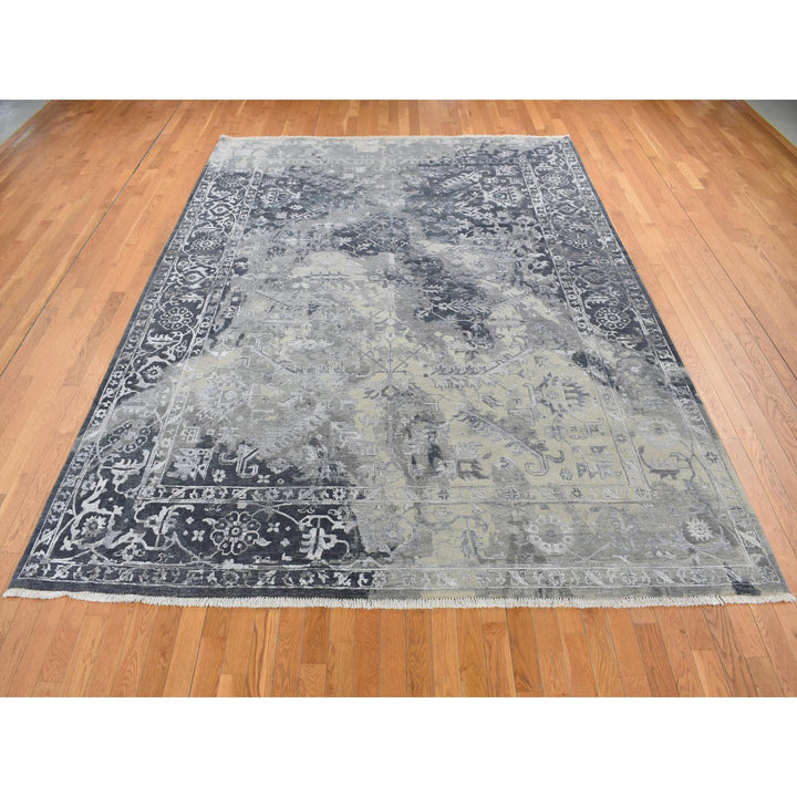 9'0" x 12'0" New Hand Knotted Grey Wool & Silk Rectangle Oriental Rug - MOA10287088