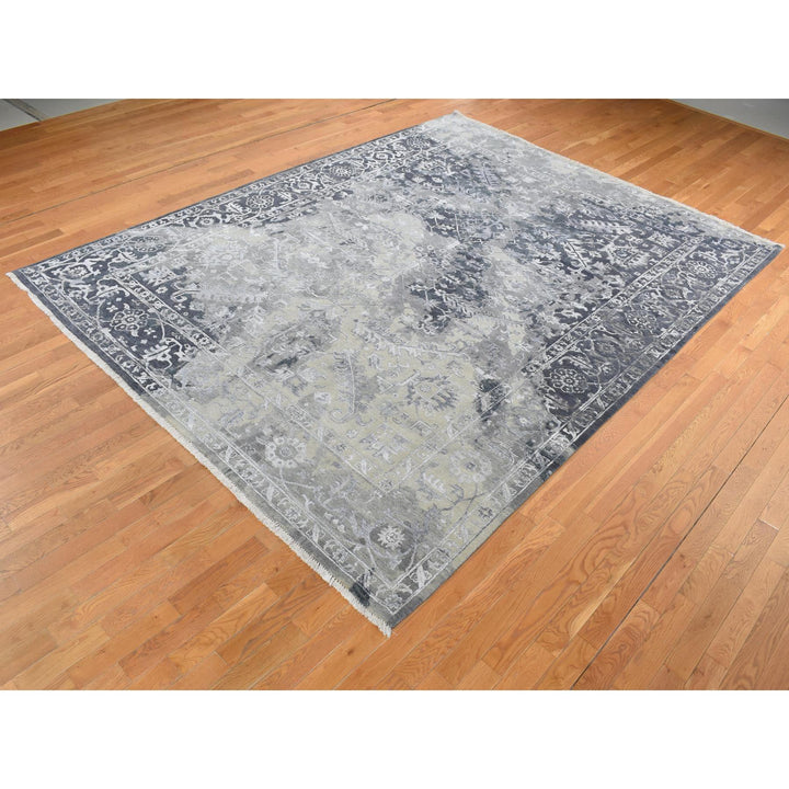 9'0" x 12'0" New Hand Knotted Grey Wool & Silk Rectangle Oriental Rug - MOA10287088