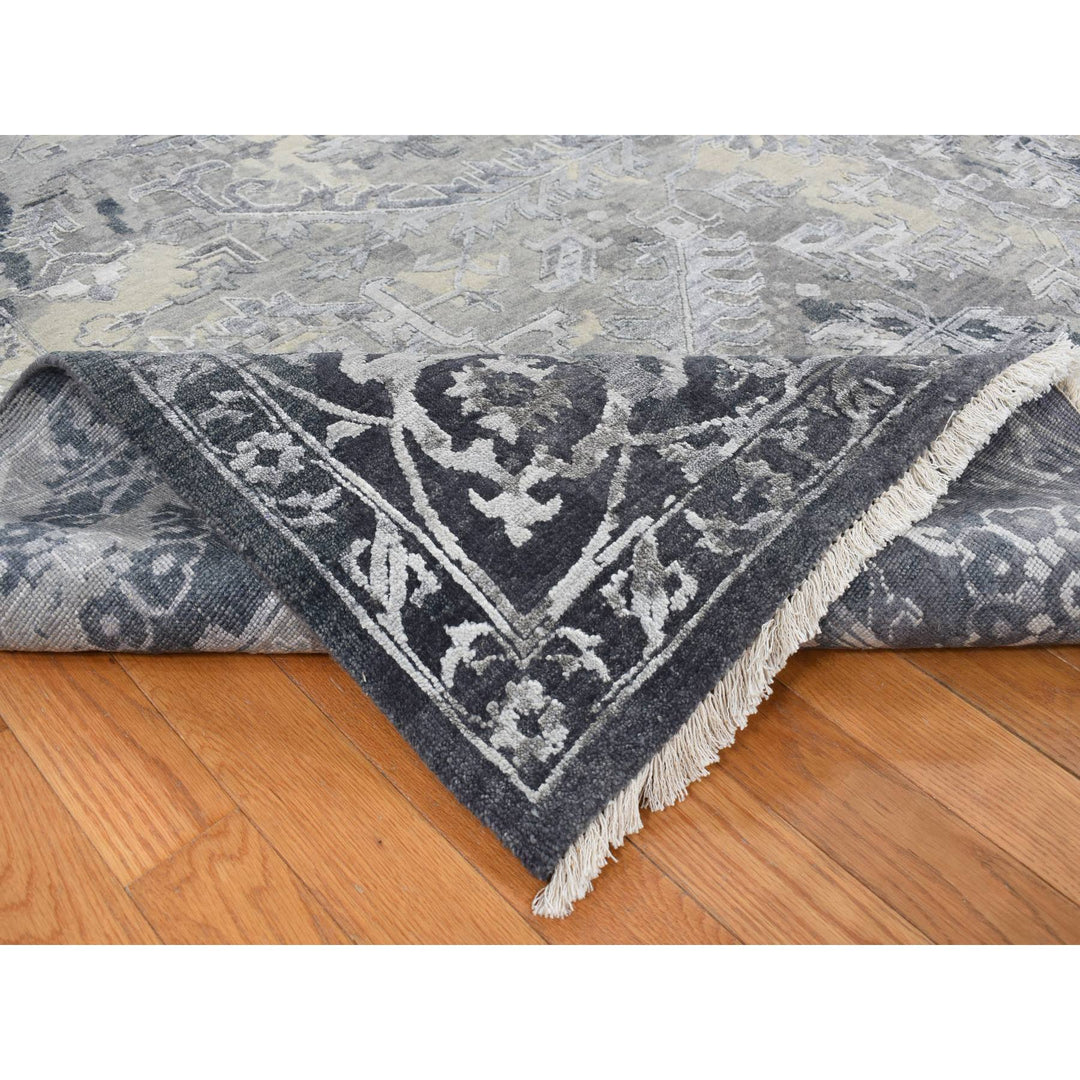 9'0" x 12'0" New Hand Knotted Grey Wool & Silk Rectangle Oriental Rug - MOA10287088