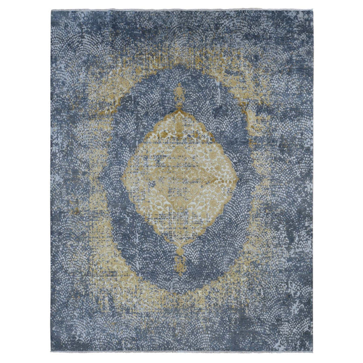 9'0" x 11'10" New Hand Knotted Grey Wool & Pure Silk Rectangle Oriental Rug - MOA10287089