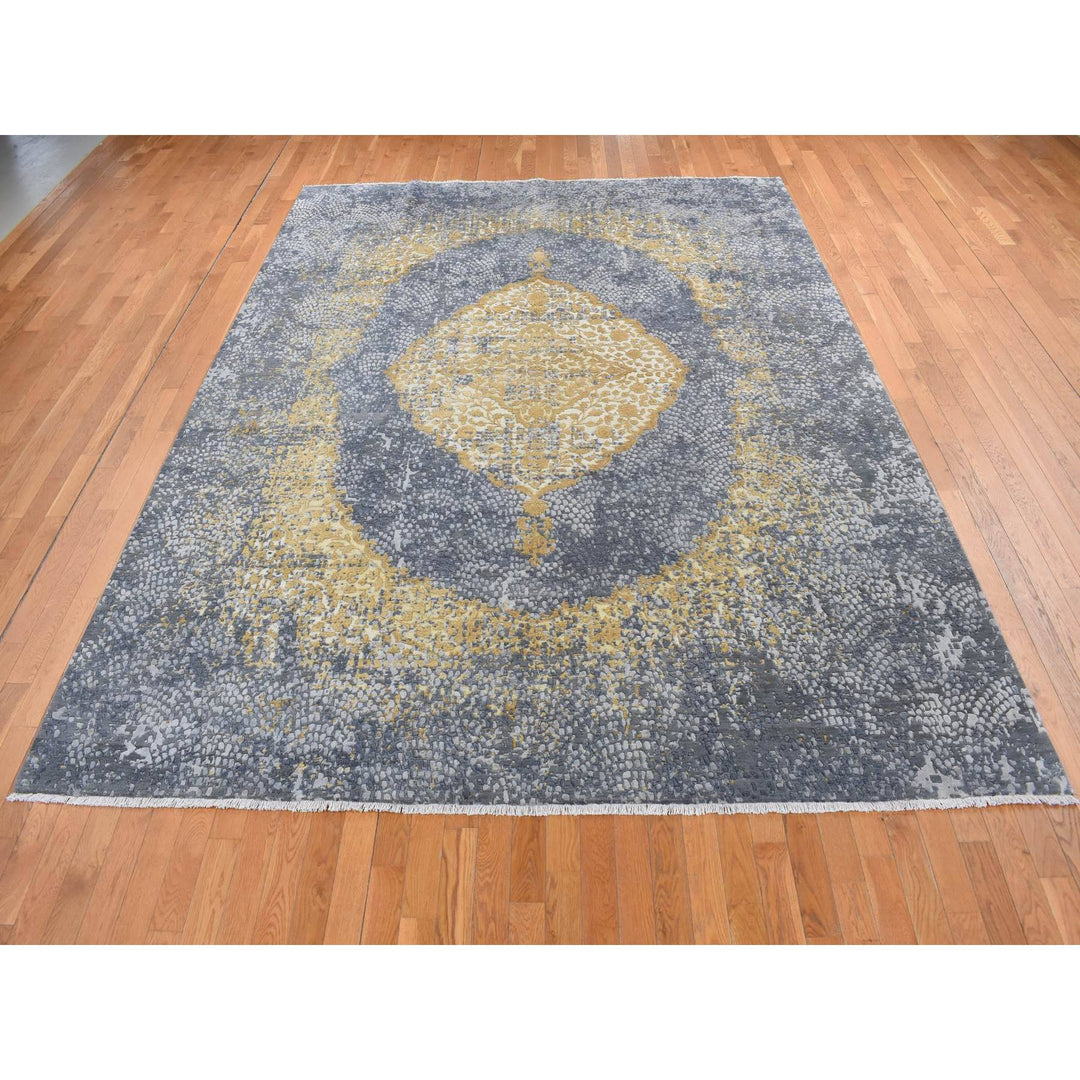 9'0" x 11'10" New Hand Knotted Grey Wool & Pure Silk Rectangle Oriental Rug - MOA10287089