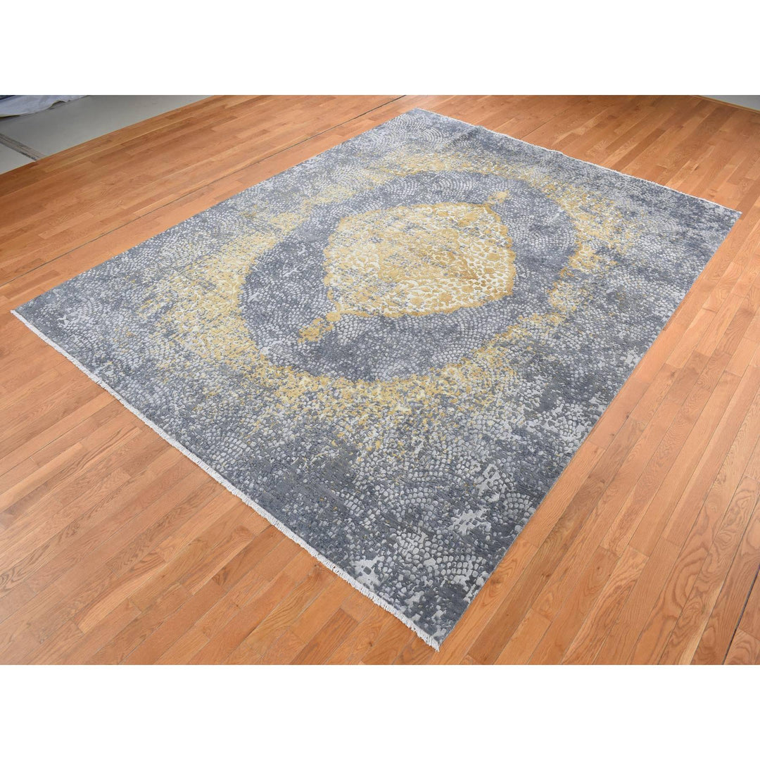 9'0" x 11'10" New Hand Knotted Grey Wool & Pure Silk Rectangle Oriental Rug - MOA10287089