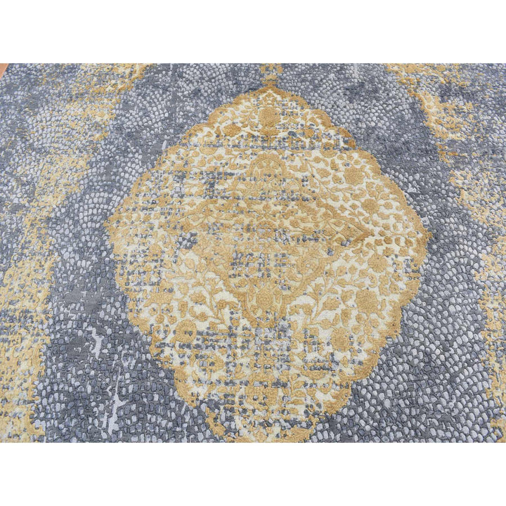 9'0" x 11'10" New Hand Knotted Grey Wool & Pure Silk Rectangle Oriental Rug - MOA10287089