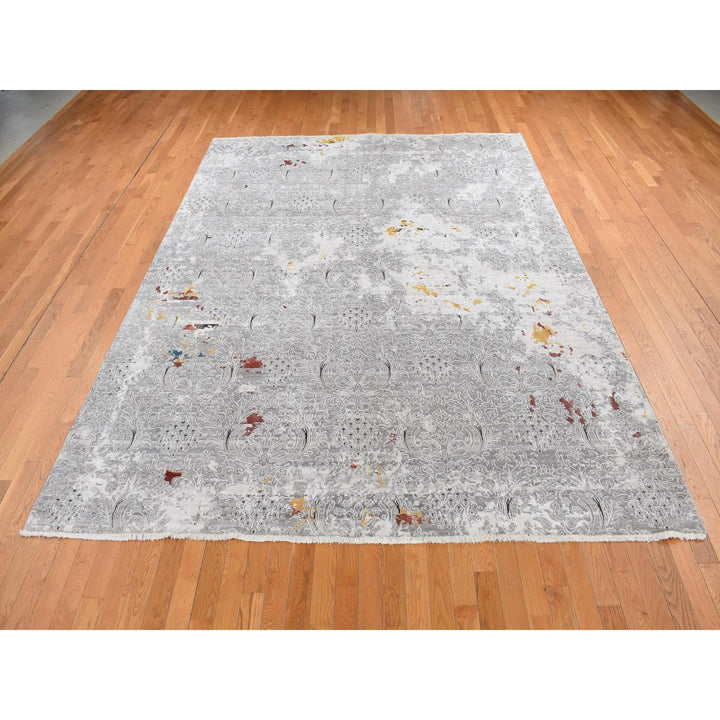 8'9" x 11'10" New Hand Knotted Grey Wool & Art Silk Rectangle Oriental Rug - MOA10287091