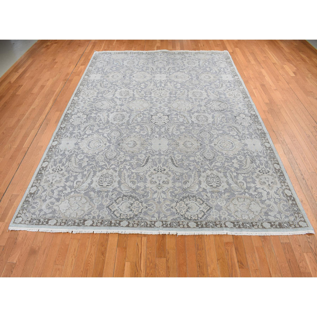 9'1" x 12'5" New Hand Knotted Grey Wool & Silk Rectangle Oriental Rug - MOA10287093