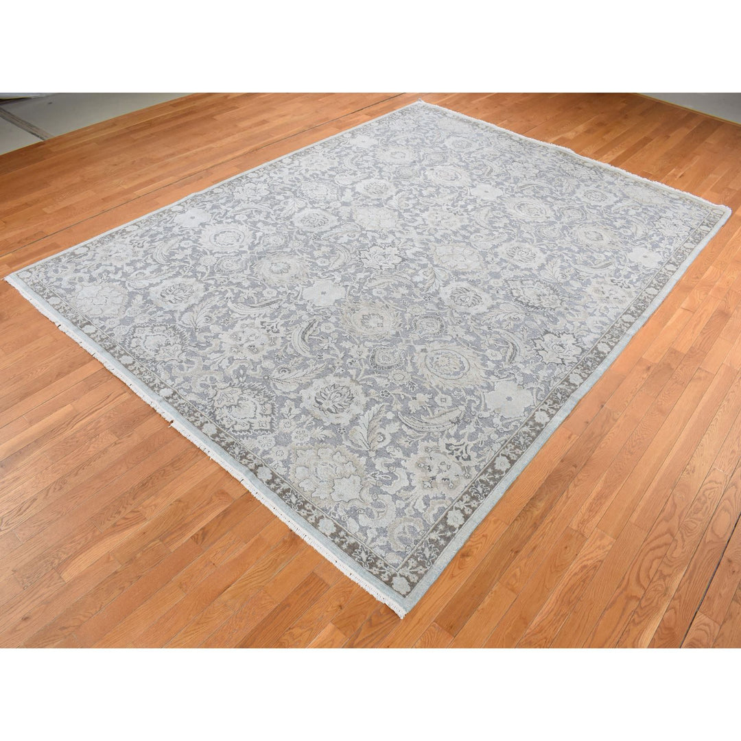 9'1" x 12'5" New Hand Knotted Grey Wool & Silk Rectangle Oriental Rug - MOA10287093