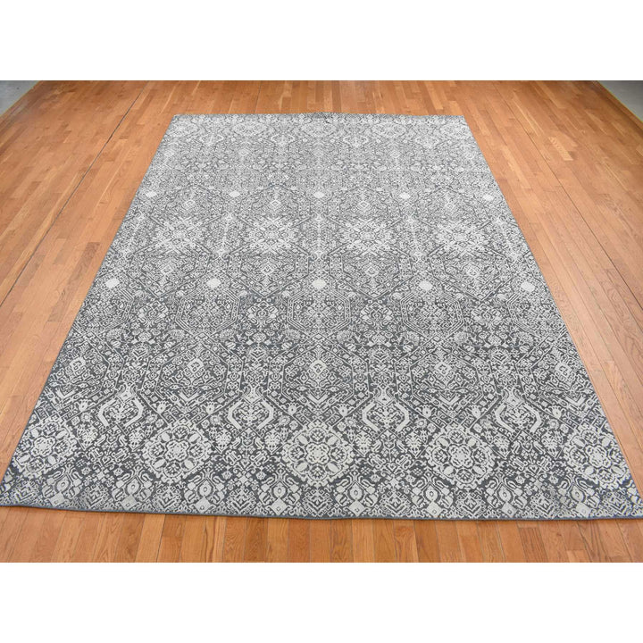 9'0" x 12'2" New Hand Knotted Grey Wool & Silk Rectangle Oriental Rug - MOA10287094