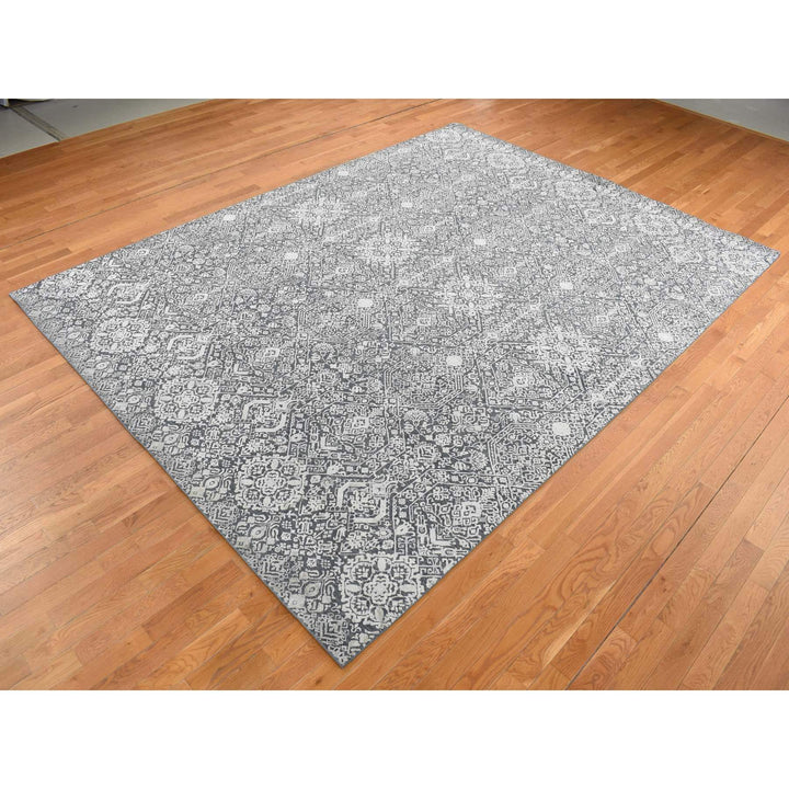 9'0" x 12'2" New Hand Knotted Grey Wool & Silk Rectangle Oriental Rug - MOA10287094