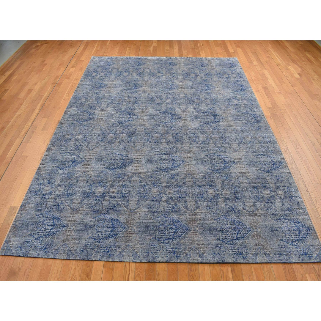 9'0" x 12'0" New Hand Knotted Grey Wool & Silk Rectangle Oriental Rug - MOA10287095