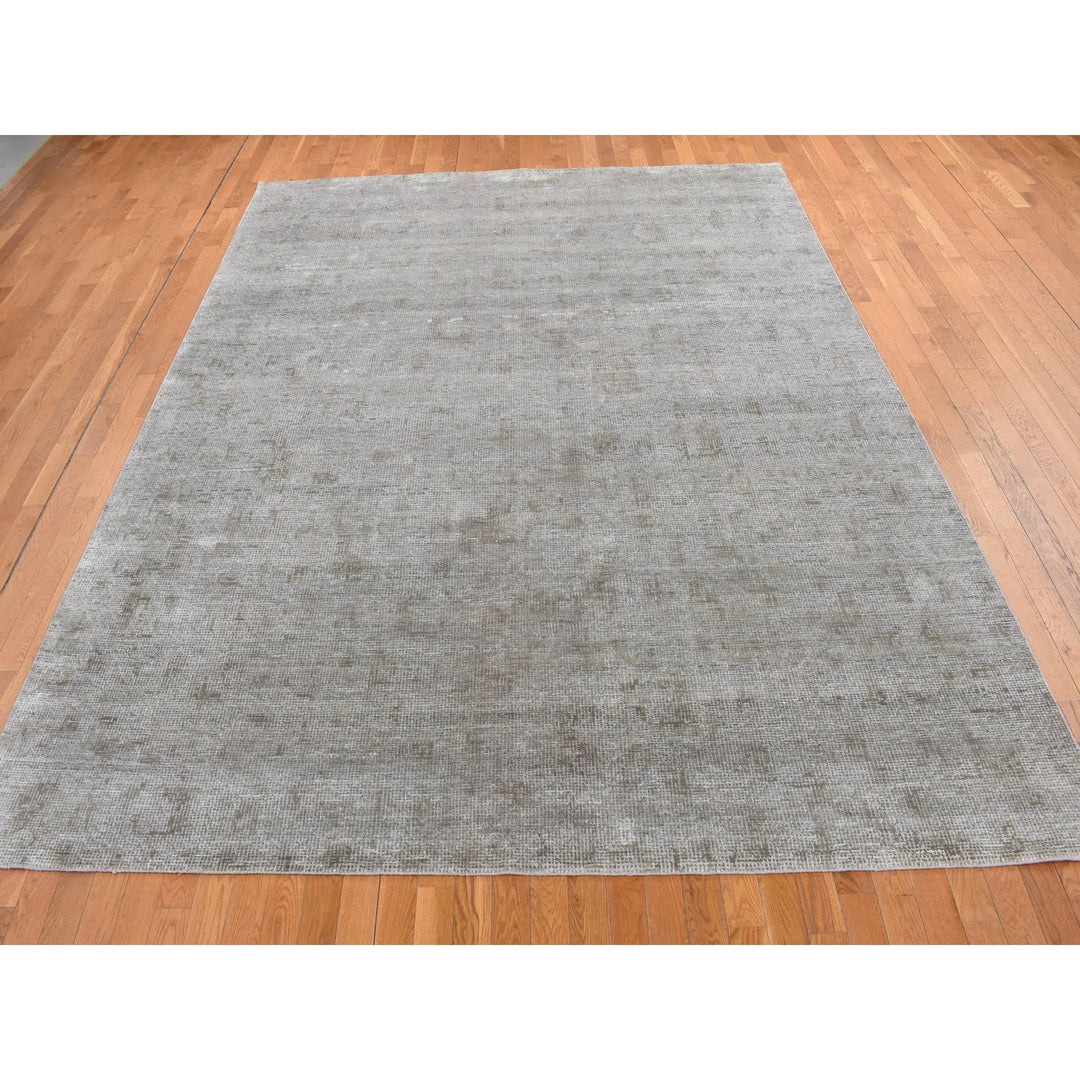 9'0" x 12'0" New Hand Knotted Grey Wool & Silk Rectangle Oriental Rug - MOA10287096