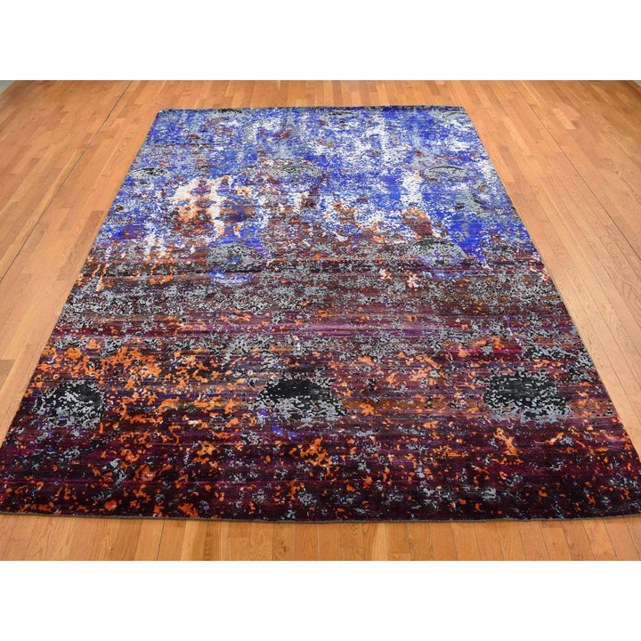 8'10" x 12'0" New Hand Knotted Blue Wool & Sari Silk Rectangle Oriental Rug - MOA10287098