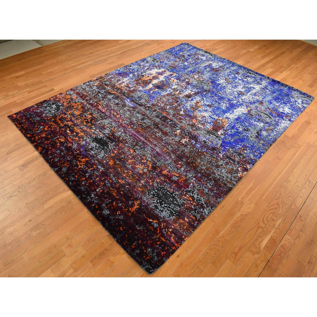 8'10" x 12'0" New Hand Knotted Blue Wool & Sari Silk Rectangle Oriental Rug - MOA10287098