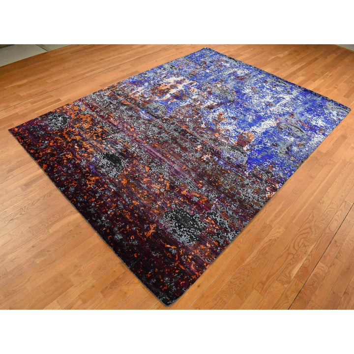 8'10" x 12'0" New Hand Knotted Blue Wool & Sari Silk Rectangle Oriental Rug - MOA10287098