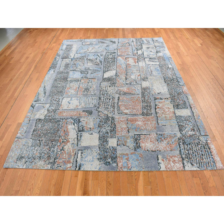 9'0" x 12'2" New Hand Knotted Grey Wool & Silk Rectangle Oriental Rug - MOA10287102