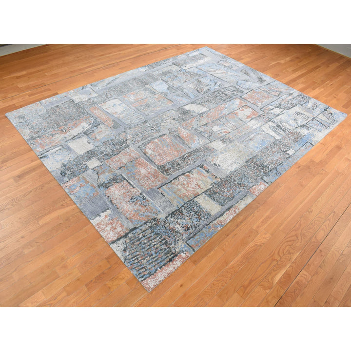 9'0" x 12'2" New Hand Knotted Grey Wool & Silk Rectangle Oriental Rug - MOA10287102