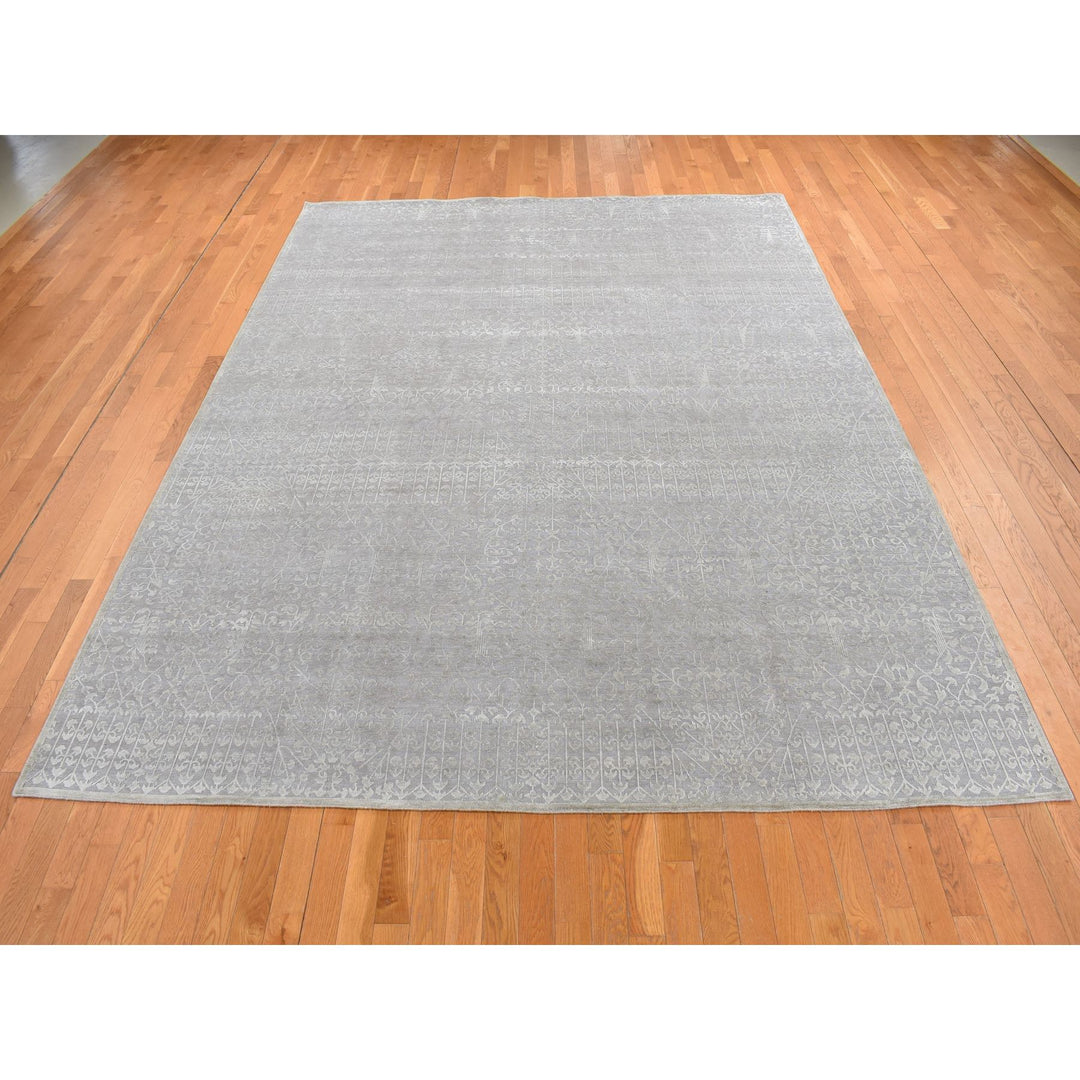 9'0" x 12'1" New Hand Knotted Grey Wool & Silk Rectangle Oriental Rug - MOA10287104