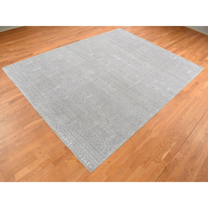 9'0" x 12'1" New Hand Knotted Grey Wool & Silk Rectangle Oriental Rug - MOA10287104