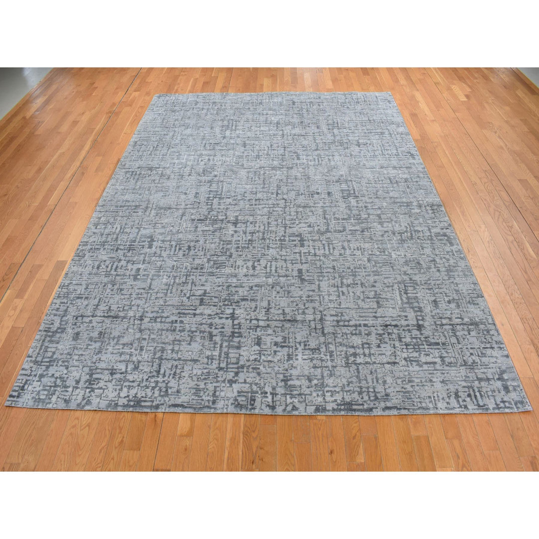 9'2" x 12'4" New Hand Knotted Grey Wool & Silk Rectangle Oriental Rug - MOA10287109