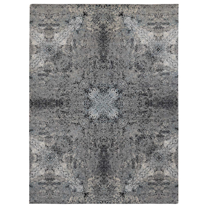 9'1" x 12'2" New Hand Knotted Grey Wool & Silk Rectangle Oriental Rug - MOA10287115