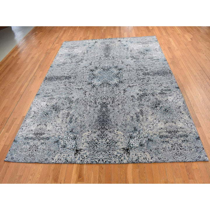 9'1" x 12'2" New Hand Knotted Grey Wool & Silk Rectangle Oriental Rug - MOA10287115