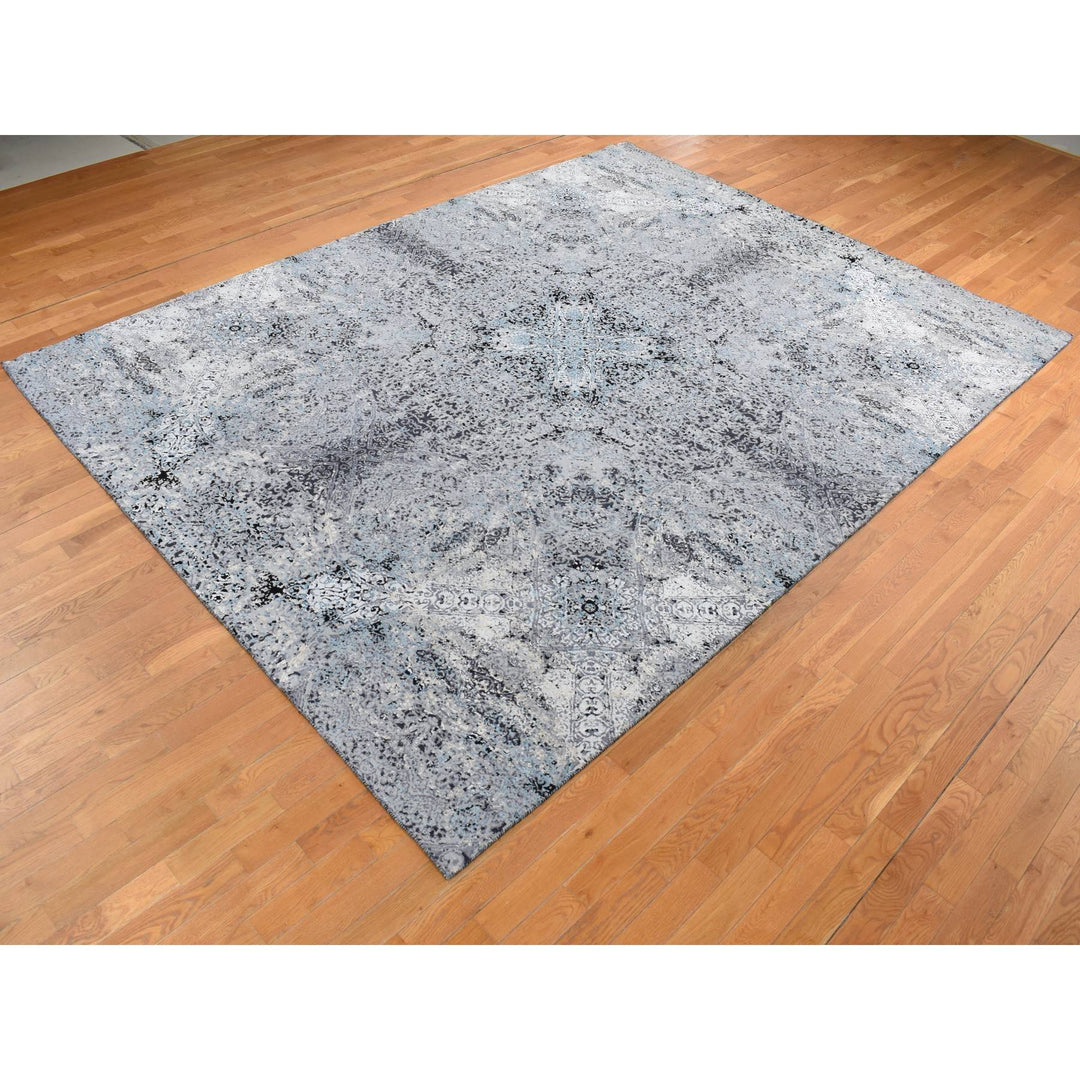 9'1" x 12'2" New Hand Knotted Grey Wool & Silk Rectangle Oriental Rug - MOA10287115