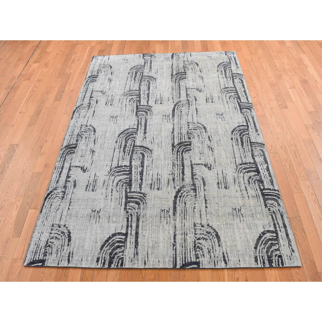 8'9" x 12'2" New Hand Knotted Grey Wool & Pure Silk Rectangle Oriental Rug - MOA10287117