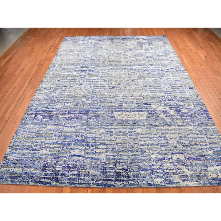 9'0" x 12'2" New Hand Knotted Blue Sari Silk Rectangle Oriental Rug - MOA10287118