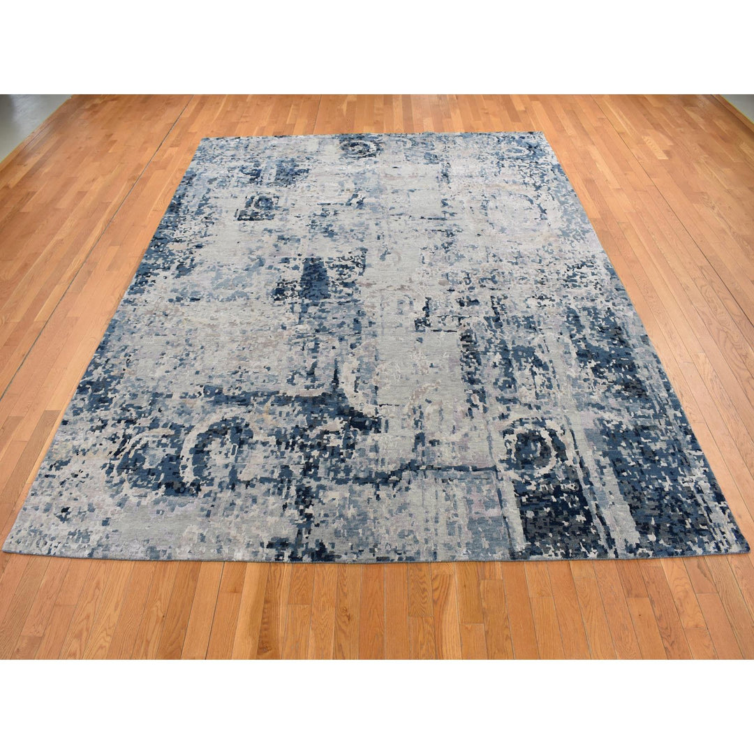 9'3" x 12'0" New Hand Knotted Grey Wool & Silk Rectangle Oriental Rug - MOA10287120