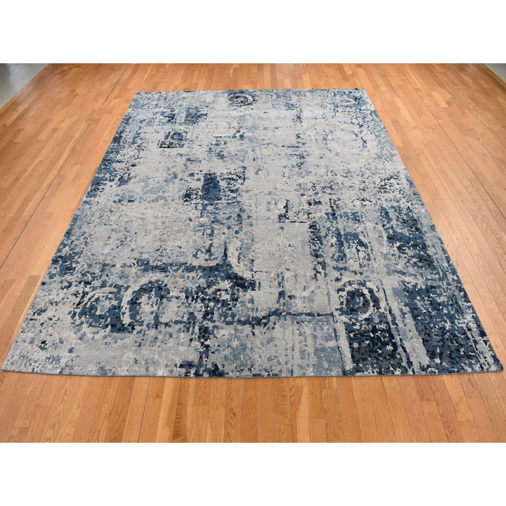 9'3" x 12'0" New Hand Knotted Grey Wool & Silk Rectangle Oriental Rug - MOA10287120