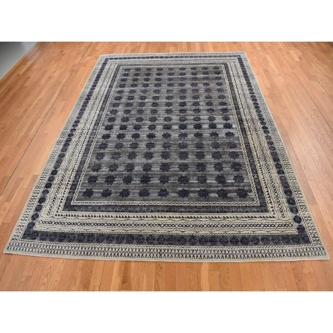 9'0" x 12'0" New Hand Knotted Grey Wool & Silk Rectangle Oriental Rug - MOA10287121