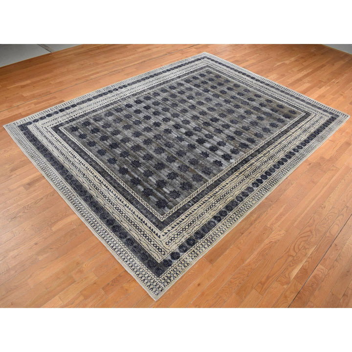 9'0" x 12'0" New Hand Knotted Grey Wool & Silk Rectangle Oriental Rug - MOA10287121