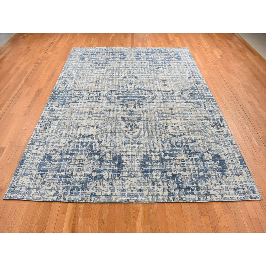 9'1" x 12'2" New Hand Knotted Blue Wool & Silk Rectangle Oriental Rug - MOA10287122