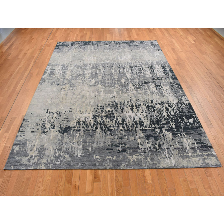 8'10" x 11'8" New Hand Knotted Grey Wool & Silk Rectangle Oriental Rug - MOA10287128