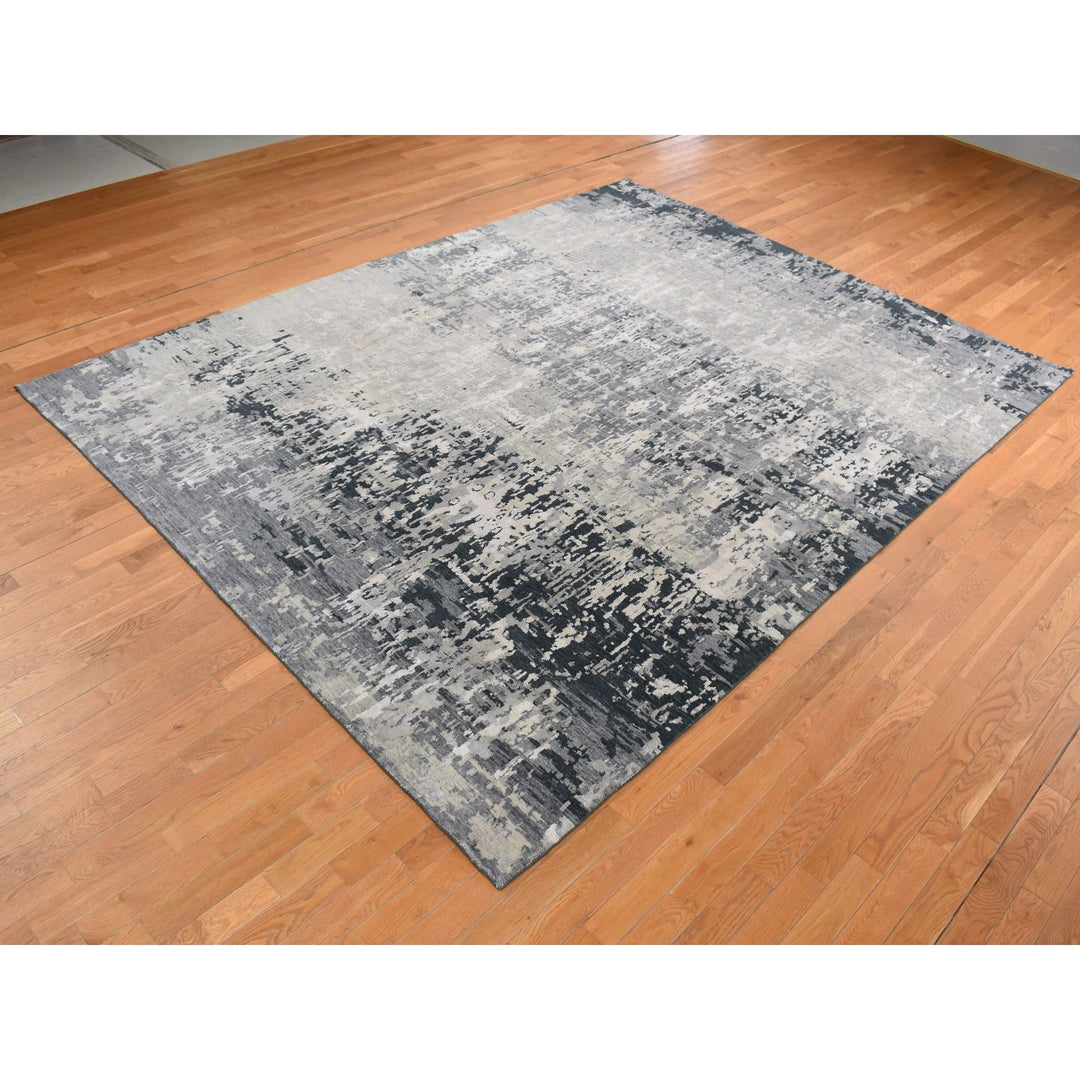 8'10" x 11'8" New Hand Knotted Grey Wool & Silk Rectangle Oriental Rug - MOA10287128