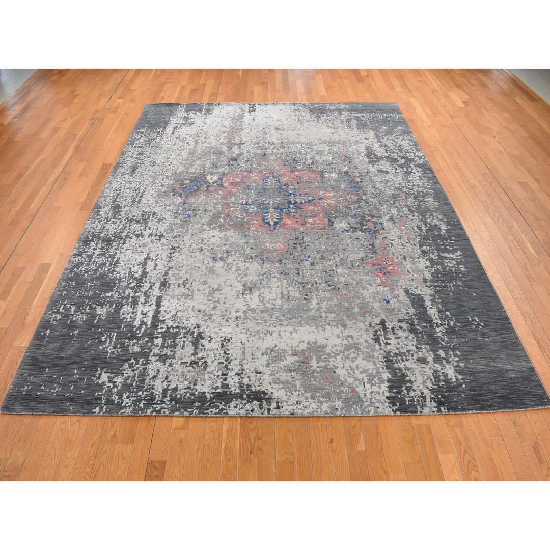 9'2" x 12'0" New Hand Knotted Grey Wool & Silk Rectangle Oriental Rug - MOA10287131