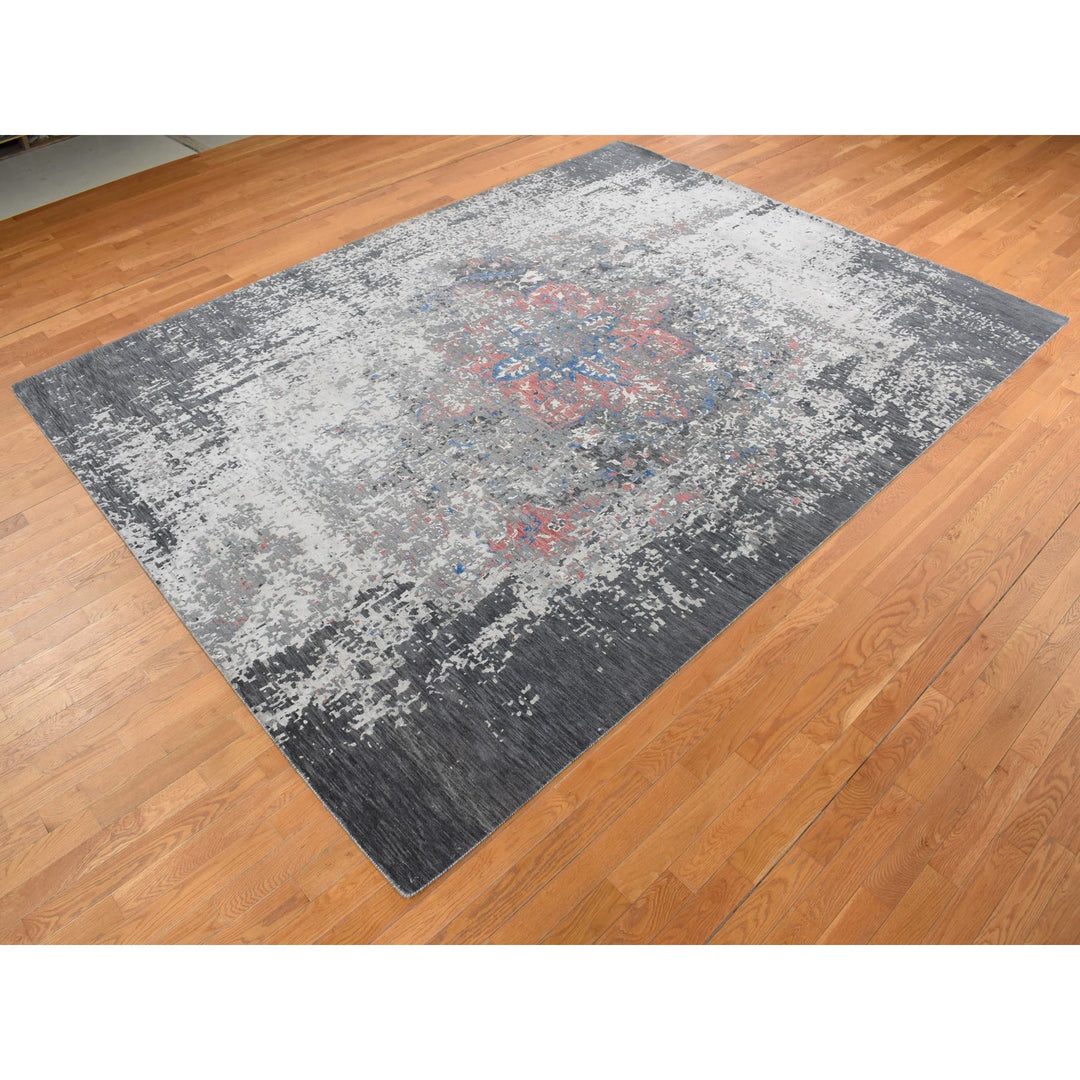 9'2" x 12'0" New Hand Knotted Grey Wool & Silk Rectangle Oriental Rug - MOA10287131