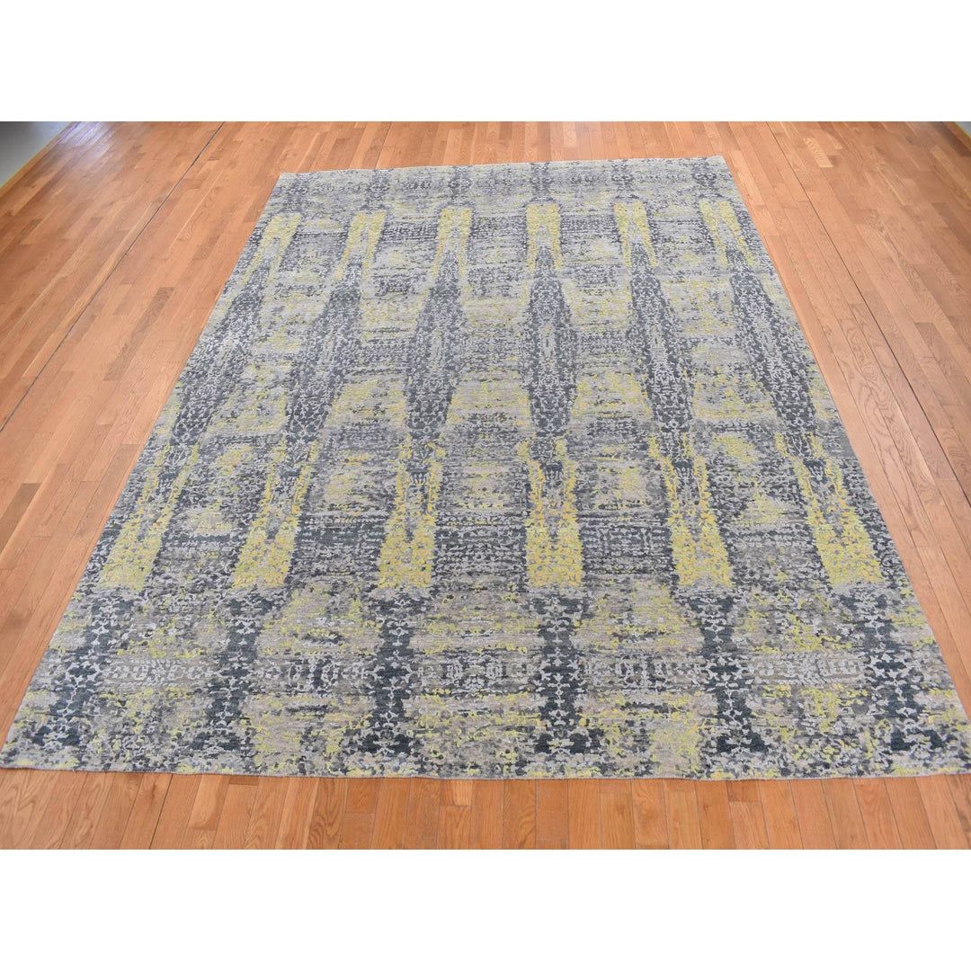 8'10" x 11'9" New Hand Knotted Yellow Wool & Silk Rectangle Oriental Rug - MOA10287132